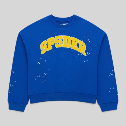 Front view of the blue Sp5der Varsity Web Crewneck featuring yellow signature branding and scattered star graphics.