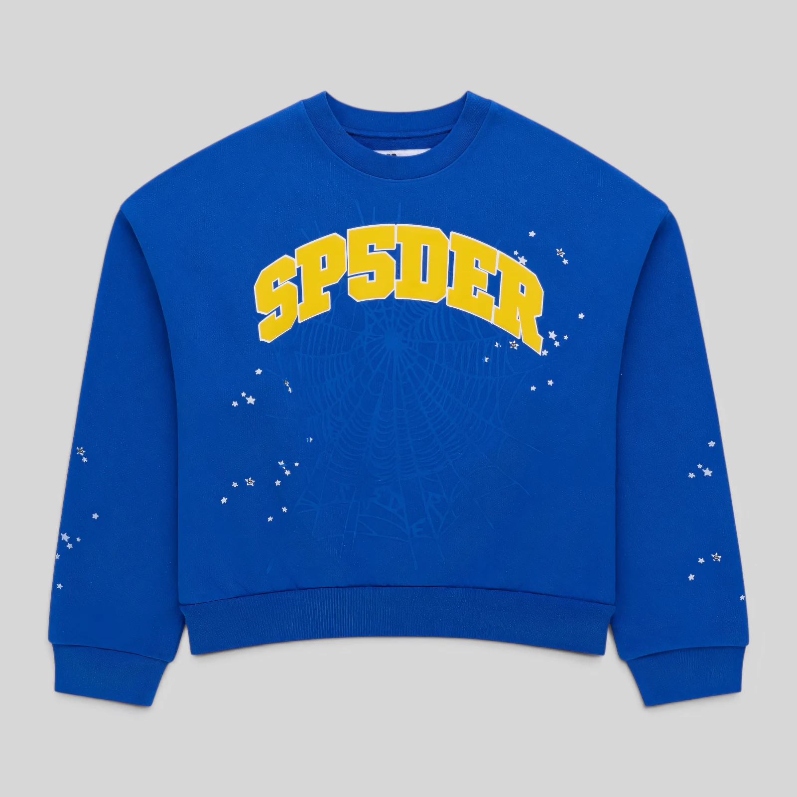 Front view of the blue Sp5der Varsity Web Crewneck featuring yellow signature branding and scattered star graphics.