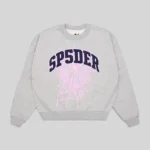 Front view of the Sp5der Varsity Web Crewneck in grey featuring a signature spiderweb graphic and classic branding.