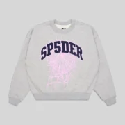 Front view of the Sp5der Varsity Web Crewneck in grey featuring a signature spiderweb graphic and classic branding.