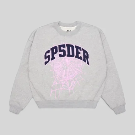 Front view of the Sp5der Varsity Web Crewneck in grey featuring a signature spiderweb graphic and classic branding.