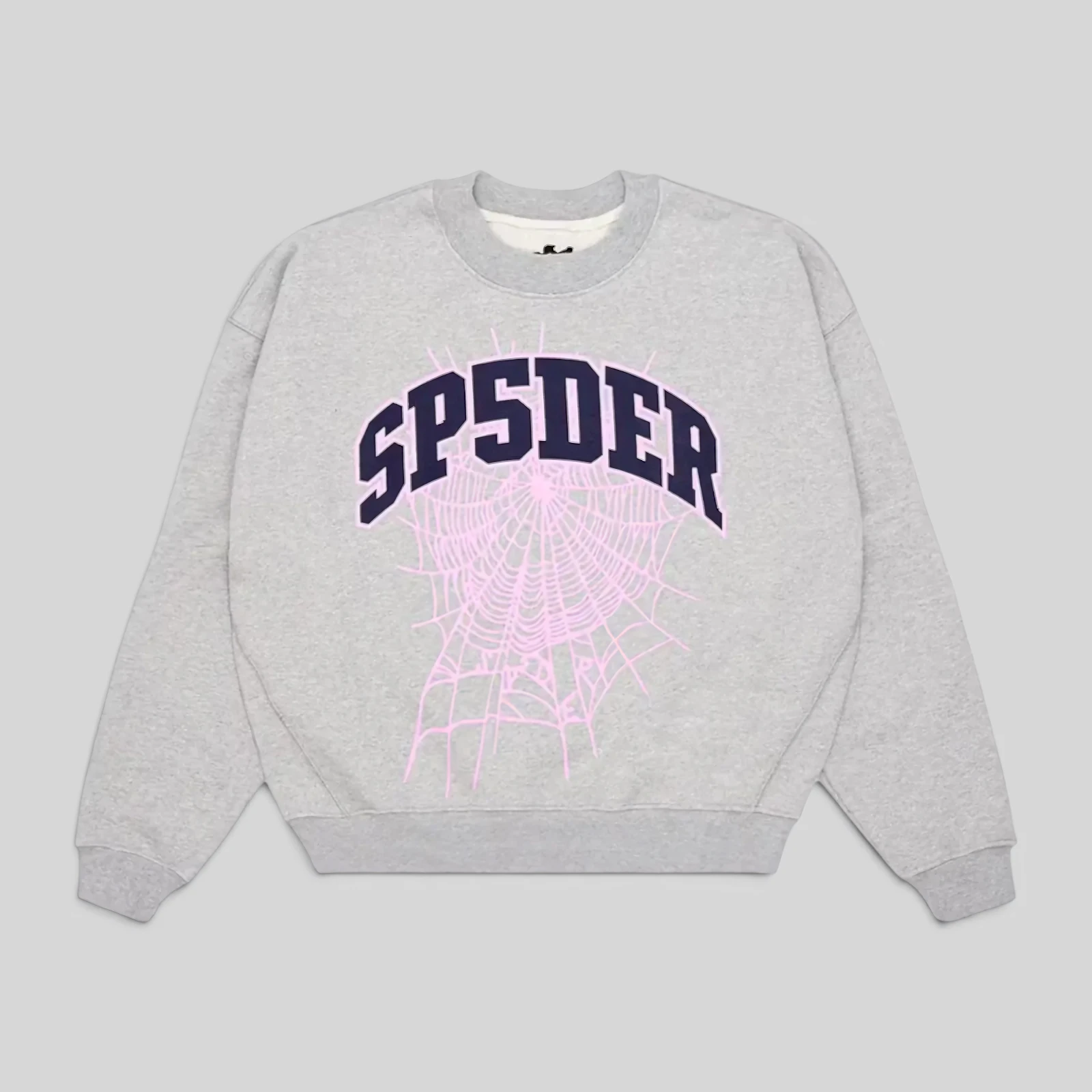 Front view of the Sp5der Varsity Web Crewneck in grey featuring a signature spiderweb graphic and classic branding.
