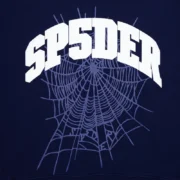Close-up view of the Sp5der Varsity Web crewneck in navy, featuring the signature white arched logo and spiderweb graphic.