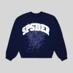 Sp5der Varsity Web Crewneck in Navy blue featuring a signature white arched brand logo and spiderweb graphic print.