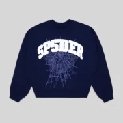 Sp5der Varsity Web Crewneck in Navy blue featuring a signature white arched brand logo and spiderweb graphic print.