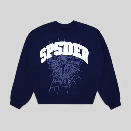 Sp5der Varsity Web Crewneck in Navy blue featuring a signature white arched brand logo and spiderweb graphic print.