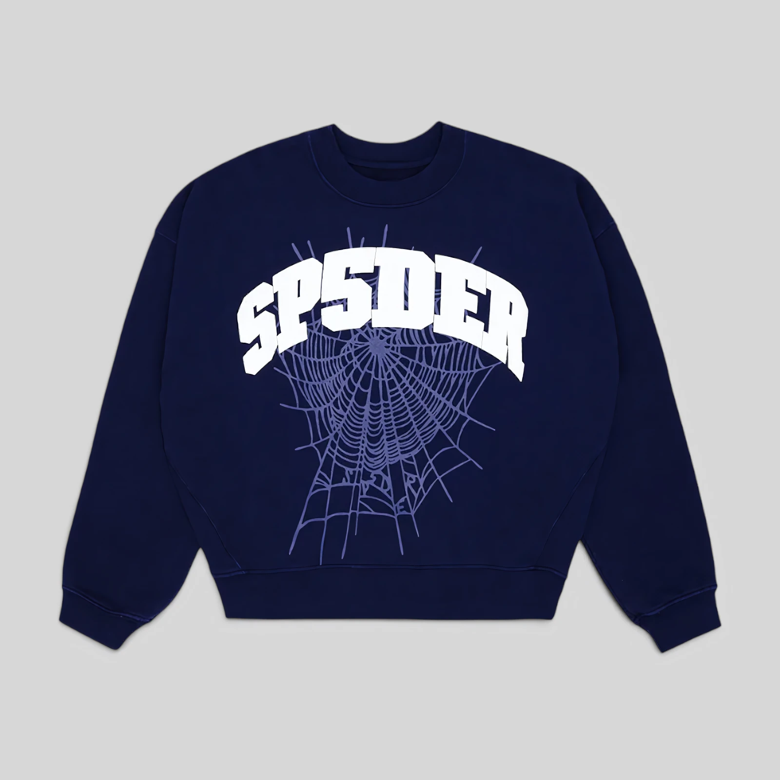 Sp5der Varsity Web Crewneck Navy Front View Sp5der Varsity Web Crewneck in Navy blue featuring a signature white arched brand logo and spiderweb graphic print.