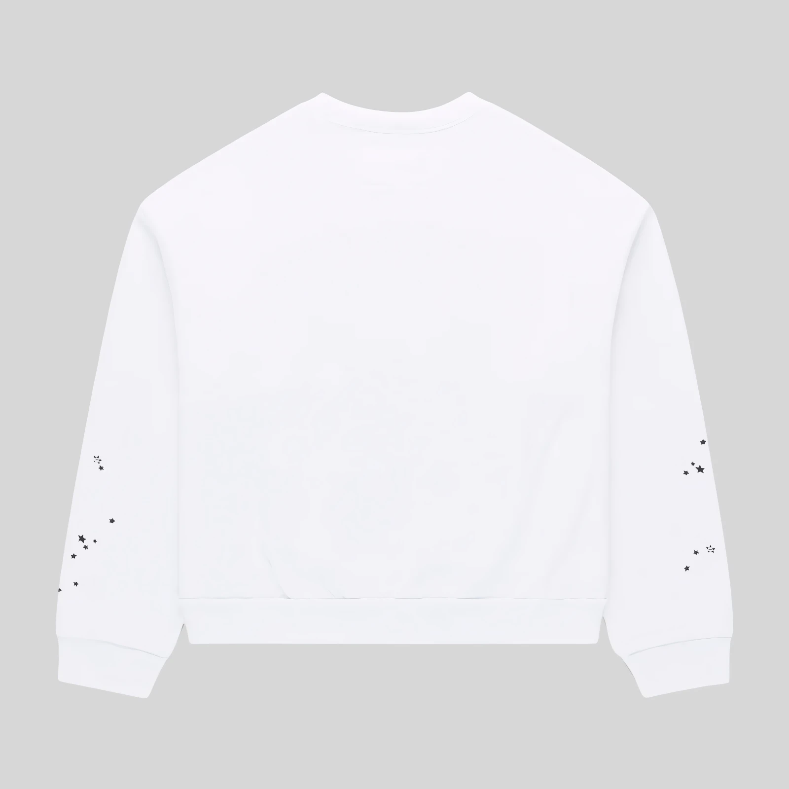 Back view of the Sp5der Varsity Web Crewneck in white, featuring scattered star graphic prints on the sleeves.