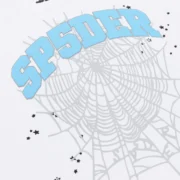 Close-up of the Sp5der Varsity Web Crewneck in white showing the front graphic with blue SP5DER text and a spider web.