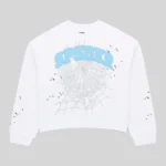 Front view of the white Sp5der Varsity Web Crewneck featuring blue SP5DER logo text and spider web graphic print.