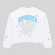 Front view of the white Sp5der Varsity Web Crewneck featuring blue SP5DER logo text and spider web graphic print.