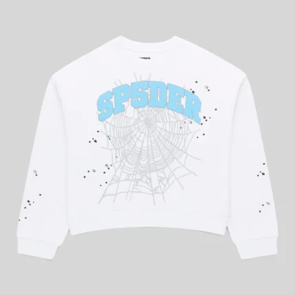 Front view of the white Sp5der Varsity Web Crewneck featuring blue SP5DER logo text and spider web graphic print.