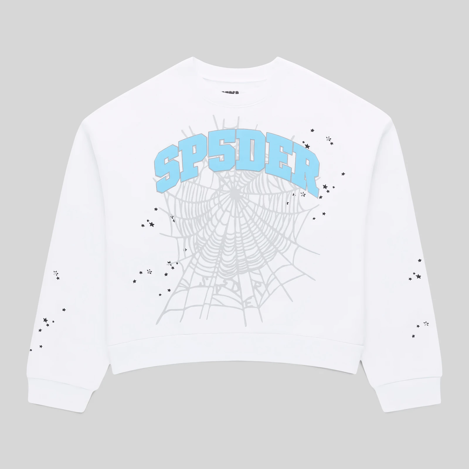 Front view of the white Sp5der Varsity Web Crewneck featuring blue SP5DER logo text and spider web graphic print.