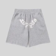 Front view of grey Sp5der Vvs sweatshorts featuring the iconic white brand logo and a premium cotton fabric finish
