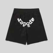 Black Sp5der Vvs sweatshorts featuring an iced-out rhinestone design and signature branding, front view of streetwear.