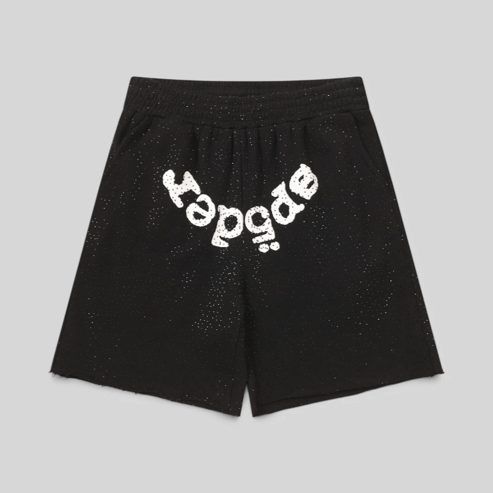 Black Sp5der Vvs sweatshorts featuring an iced-out rhinestone design and signature branding, front view of streetwear.