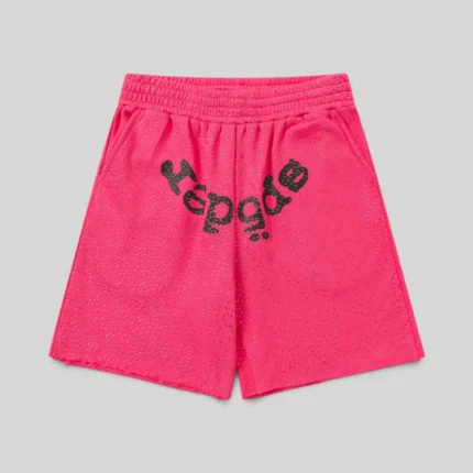 Front view of pink Sp5der Vvs Sweatshorts featuring iced-out rhinestone detailing and signature SP5DER graphic logo.