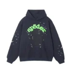 Sp5der Wait Web Hoodie in Slate Grey featuring signature green graphic design and stars on a premium cotton blend.