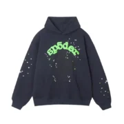 Sp5der Wait Web Hoodie in Slate Grey featuring signature green graphic design and stars on a premium cotton blend.