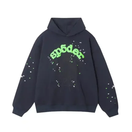 Sp5der Wait Web Hoodie in Slate Grey featuring signature green graphic design and stars on a premium cotton blend.