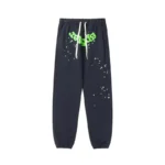 Front view of the Sp5der Wait Web Sweatpant in Slate Grey featuring iconic web design and green graphic details.