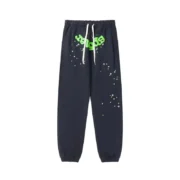 Front view of the Sp5der Wait Web Sweatpant in Slate Grey featuring iconic web design and green graphic details.