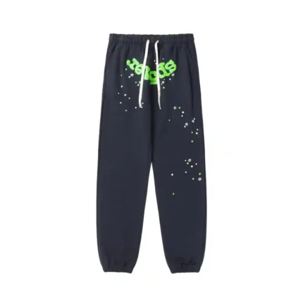 Front view of the Sp5der Wait Web Sweatpant in Slate Grey featuring iconic web design and green graphic details.