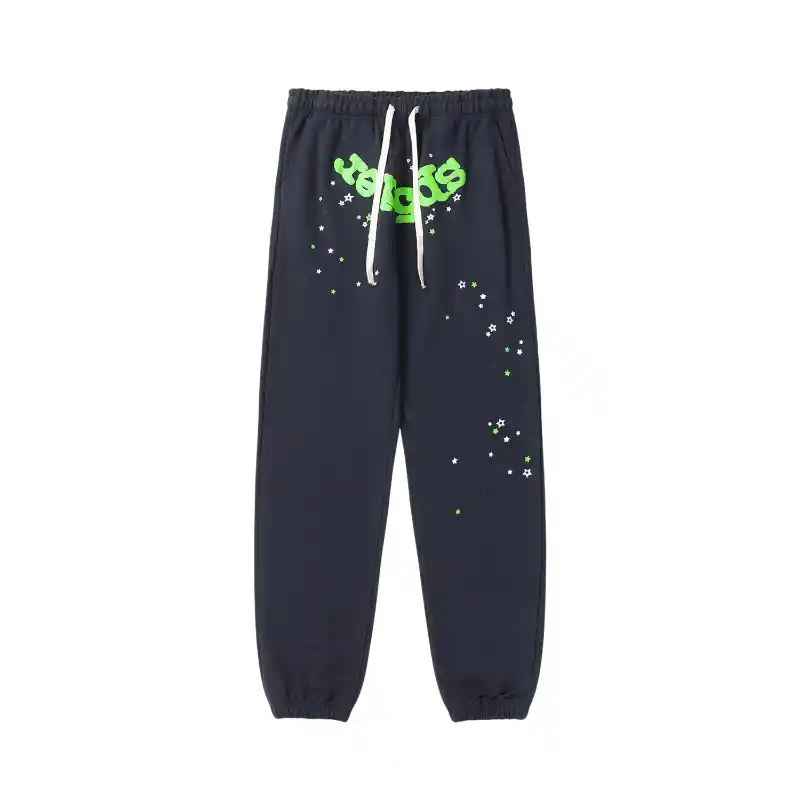 Sp5der Wait Web Sweatpant Slate Grey Front View Front view of the Sp5der Wait Web Sweatpant in Slate Grey featuring iconic web design and green graphic details.