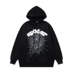 Front view of the Sp5der Web Hoodie in black featuring a signature white web graphic and a relaxed unisex fit.