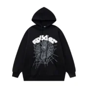 Front view of the Sp5der Web Hoodie in black featuring a signature white web graphic and a relaxed unisex fit.