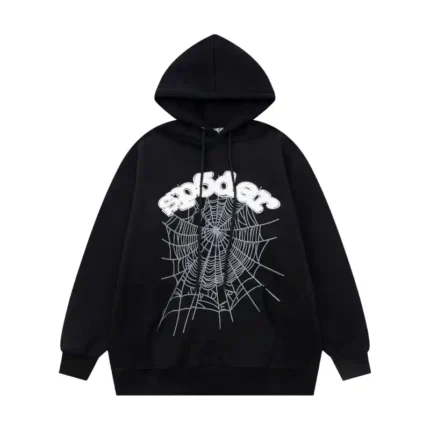Front view of the Sp5der Web Hoodie in black featuring a signature white web graphic and a relaxed unisex fit.