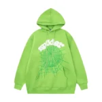 Front view of the Sp5der Web Hoodie in vibrant green with iconic web design and logo branding for streetwear style.