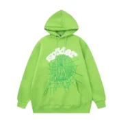 Front view of the Sp5der Web Hoodie in vibrant green with iconic web design and logo branding for streetwear style.