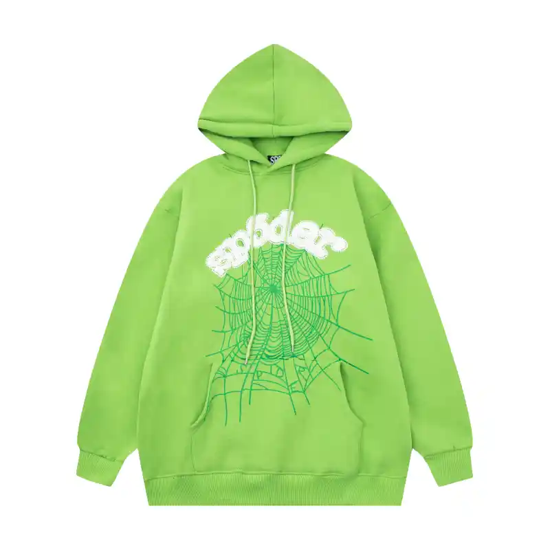 Sp5der Web Hoodie Green Front View Front view of the Sp5der Web Hoodie in vibrant green with iconic web design and logo branding for streetwear style.