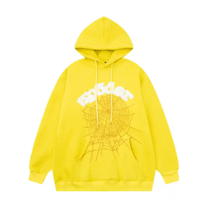 Sp5der Web Hoodie Yellow Front View Front view of the vibrant yellow Sp5der Web Hoodie featuring the iconic spider web graphic design for men and women.