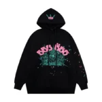 Front view of the black Sp5der Worldwide Angel Number 555 hoodie featuring a vibrant spiderweb and star graphic.