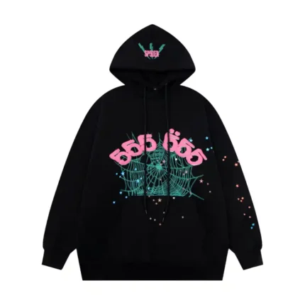 Front view of the black Sp5der Worldwide Angel Number 555 hoodie featuring a vibrant spiderweb and star graphic.