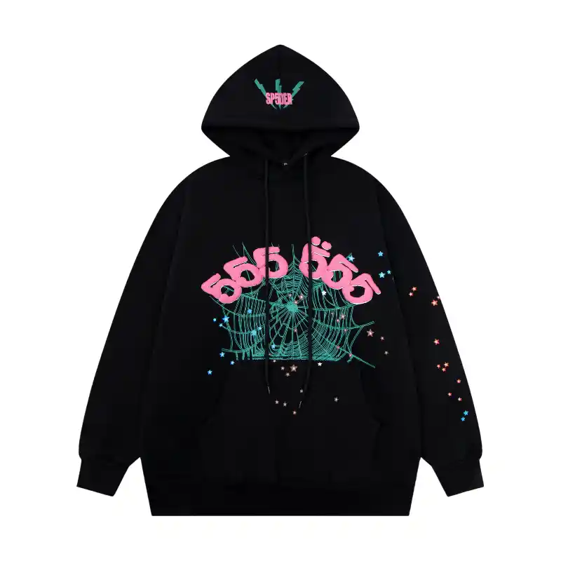 Sp5der Worldwide Angel Number 555 Hoodie Black Front View Front view of the black Sp5der Worldwide Angel Number 555 hoodie featuring a vibrant spiderweb and star graphic.
