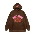 Sp5der Worldwide Angel Number 555 Hoodie in brown with signature web graphics and pink branding, front view.