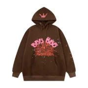 Sp5der Worldwide Angel Number 555 Hoodie in brown with signature web graphics and pink branding, front view.