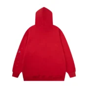 Back view of the vibrant red Sp5der Worldwide Angel Number 555 hoodie with star graphics on the sleeve