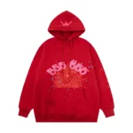 Front view of the vibrant red Sp5der Worldwide Angel Number 555 hoodie featuring a graphic spiderweb and star design.
