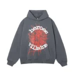 Front view of the grey Sp5der x Heroes and Villains hoodie featuring a large red spiderweb and bold graphic print.