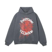 Front view of the grey Sp5der x Heroes and Villains hoodie featuring a large red spiderweb and bold graphic print.
