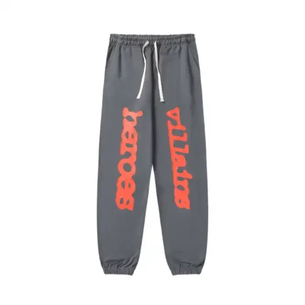 Front view of the grey Sp5der x Heroes and Villains unisex sweatpants featuring vibrant red graphic text on legs.
