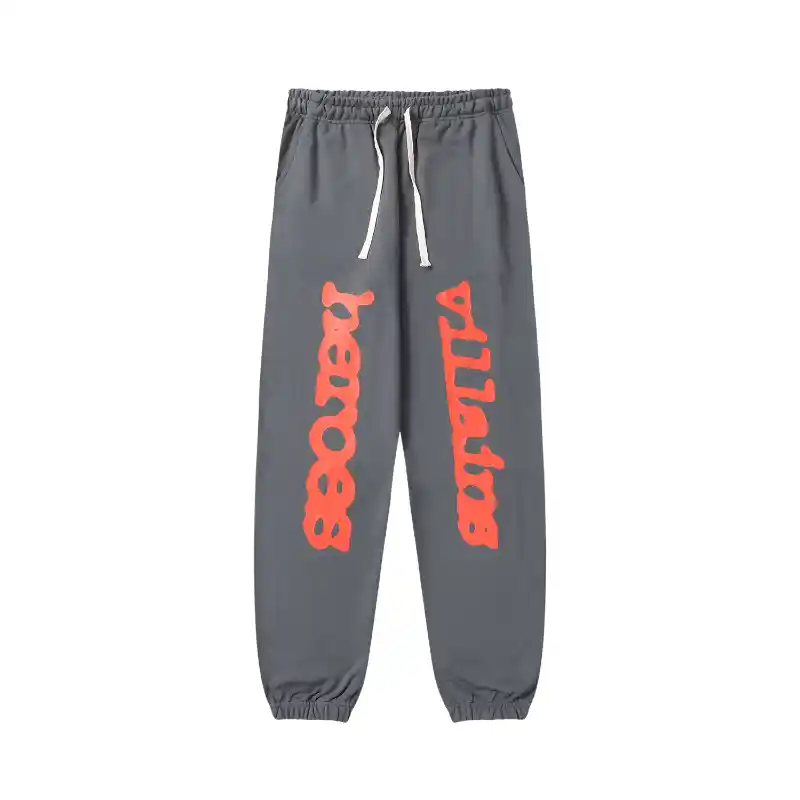 Sp5der x Heroes and Villains Sweatpant Front View Front view of the grey Sp5der x Heroes and Villains unisex sweatpants featuring vibrant red graphic text on legs.