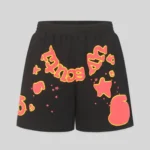 Front view of the black Sp5der x UY Scuti sweatshorts featuring vibrant red graphic print details and star designs.