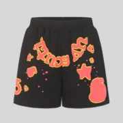 Front view of the black Sp5der x UY Scuti sweatshorts featuring vibrant red graphic print details and star designs.