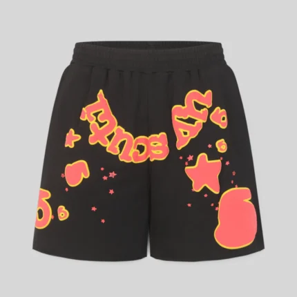 Front view of the black Sp5der x UY Scuti sweatshorts featuring vibrant red graphic print details and star designs.