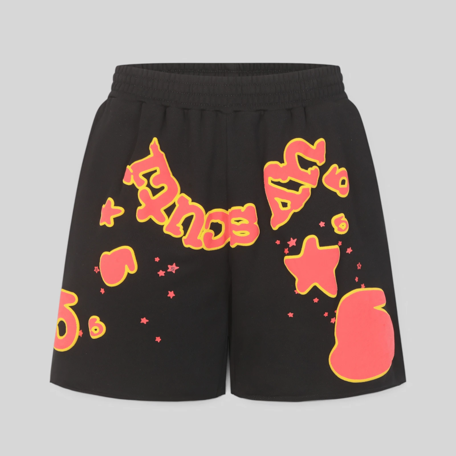 Front view of the black Sp5der x UY Scuti sweatshorts featuring vibrant red graphic print details and star designs.